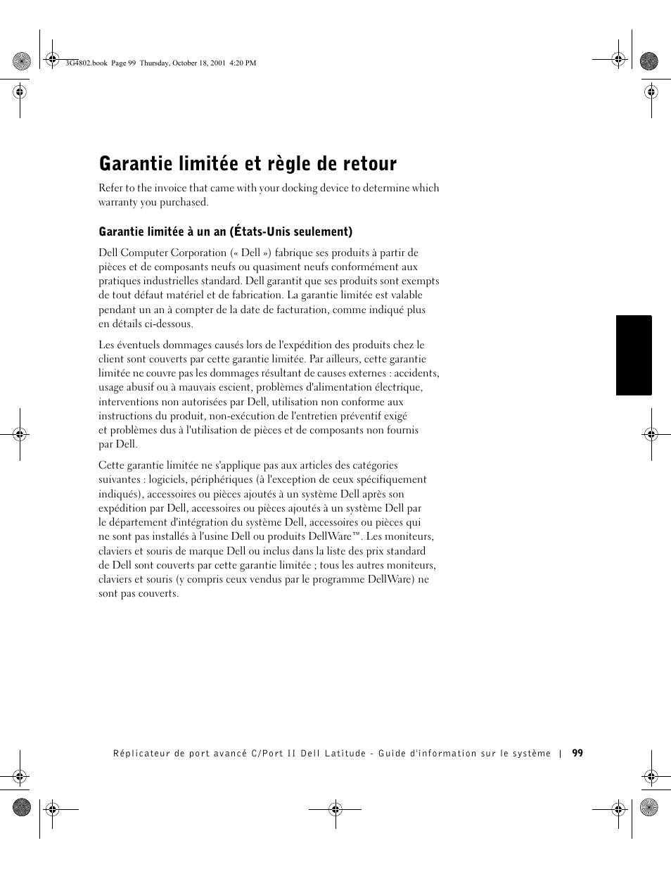 Garantie limitée et règle de retour | Dell C/Port II APR User Manual | Page 101 / 220