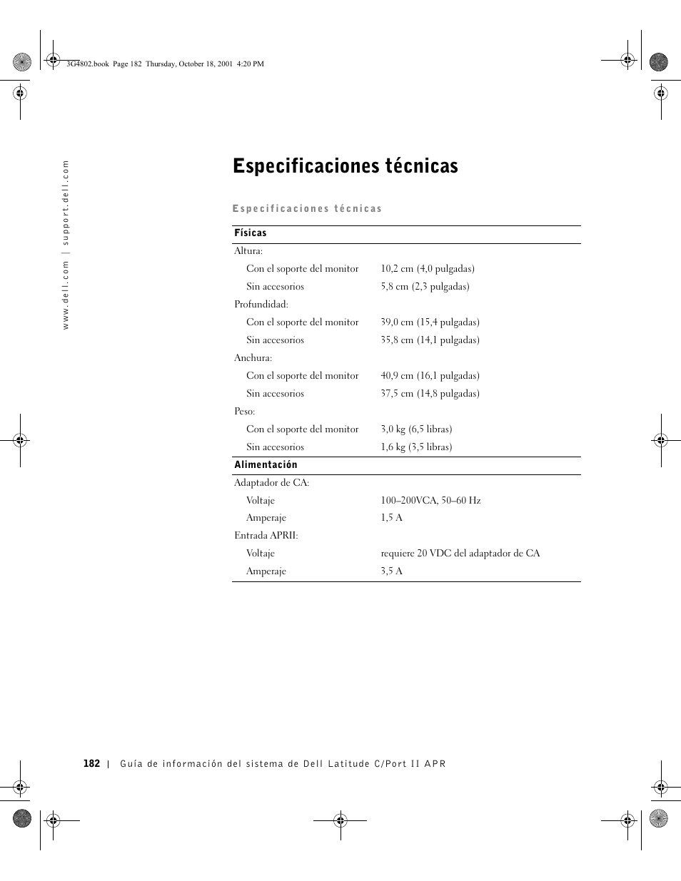 Especificaciones técnicas | Dell C/Port II APR User Manual | Page 184 / 220