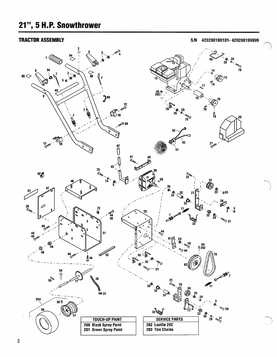 Tractor assembly, 21”, 5 h.p. snowthrower | Bolens 42028 User Manual | Page 2 / 8