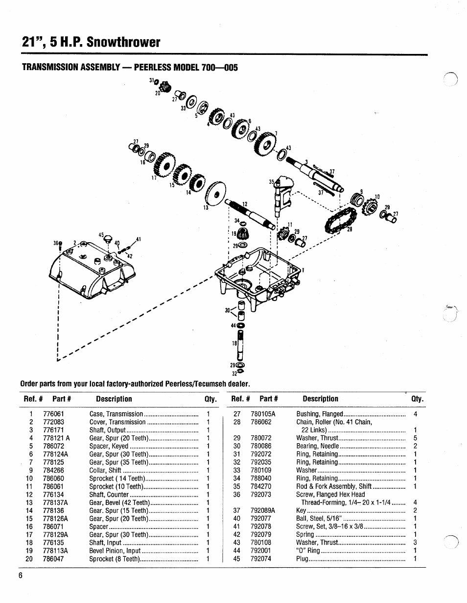 Transmission assembly — peerless model 700—005, 21”, 5 h.p. snowthrower | Bolens 42028 User Manual | Page 6 / 8