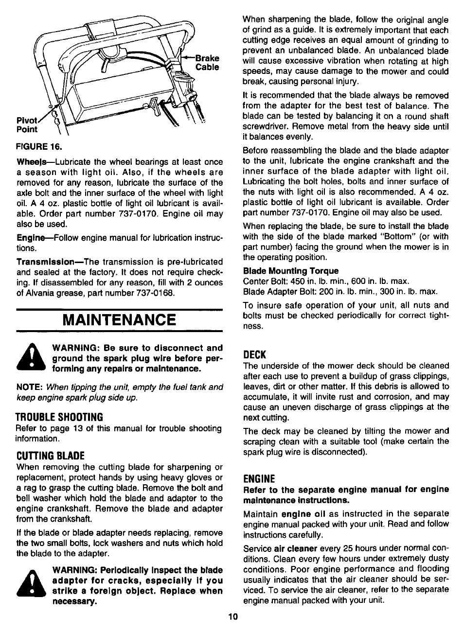 Trouble shooting, Cuning blade, Deck | Engine, Maintenance | Bolens 123E898E190 User Manual | Page 10 / 20