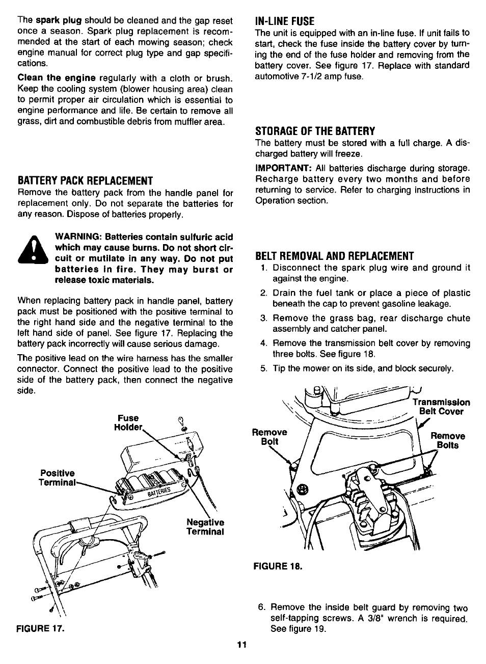 Bahery pack replacement, In-line fuse, Storage of the bahery | Belt removal and replacement | Bolens 123E898E190 User Manual | Page 11 / 20