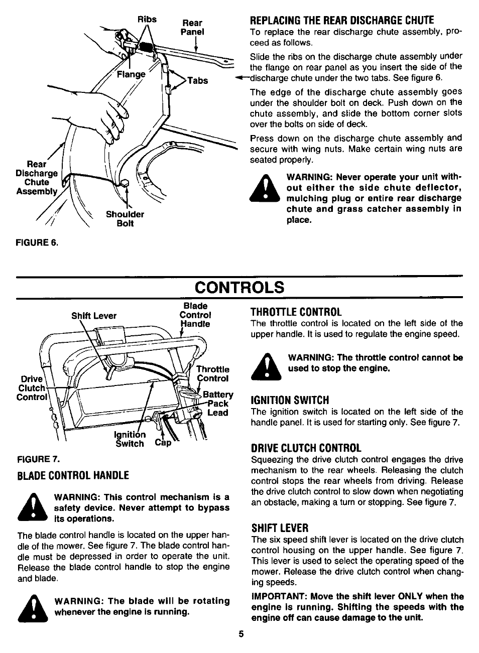 Replacing the rear discharge chute, Blade control handle, Throhle control | Ignition switch, Drive clutch control, Shift lever, Controls | Bolens 123E898E190 User Manual | Page 5 / 20