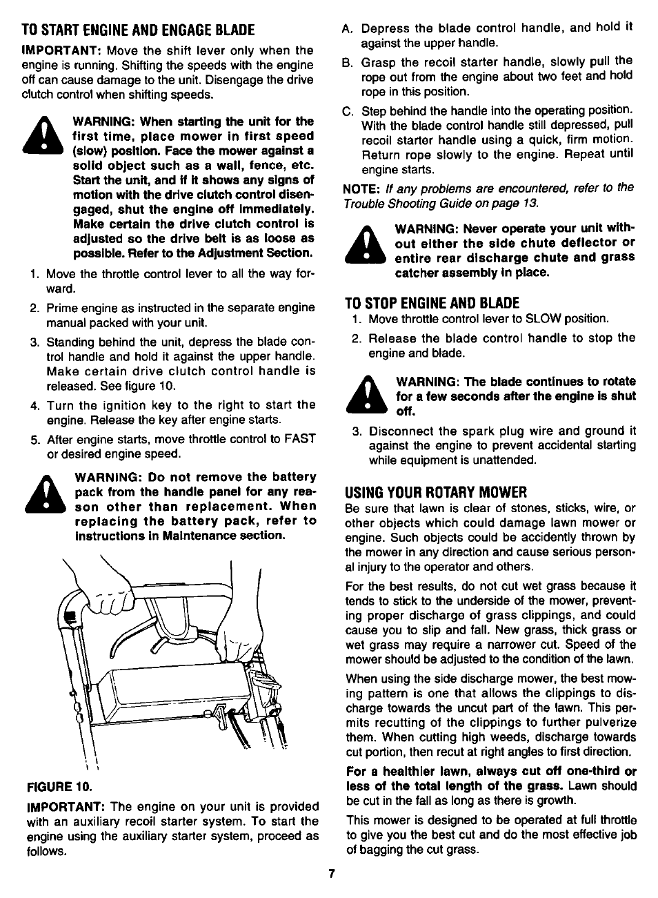 To start engine and engage blade, To stop engine and blade, Using your rotary mower | Bolens 123E898E190 User Manual | Page 7 / 20