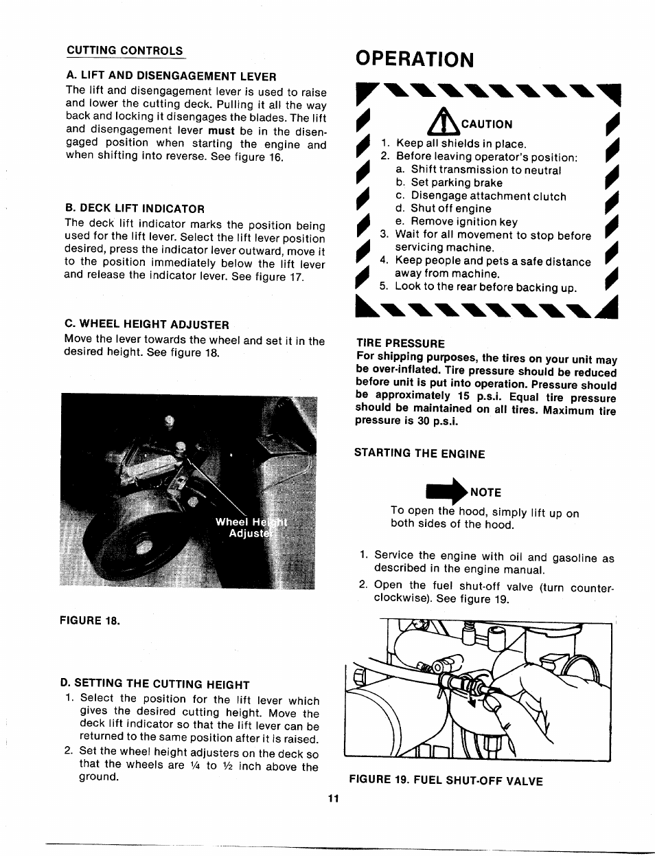 Cutting controls, A. lift and disengagement lever, B. deck lift indicator | C. wheel height adjuster, Caution, Tire pressure, Starting the engine, D. setting the cutting height, Operation | Bolens 132-698A User Manual | Page 11 / 35