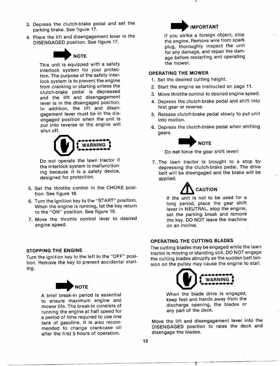 Note, I warning j, Important | Operating the mower, Caution, Stopping the engine, Operating the cutting blades | Bolens 132-698A User Manual | Page 12 / 35