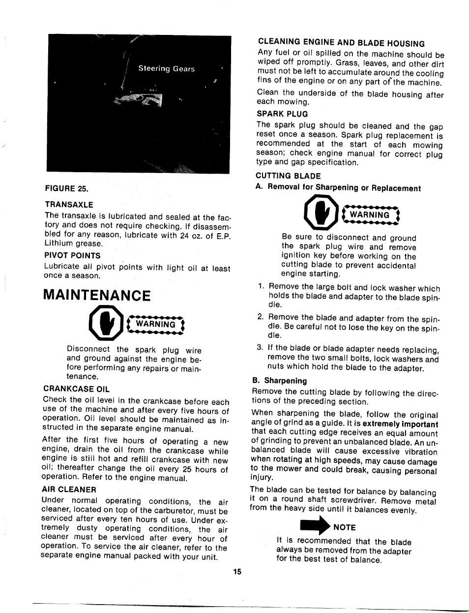 Transaxle, Pivot points, Warning j | Crankcase oil, Air cleaner, Cleaning engine and blade housing, Spark plug, Cutting blade, Note, Maintenance | Bolens 132-698A User Manual | Page 15 / 35