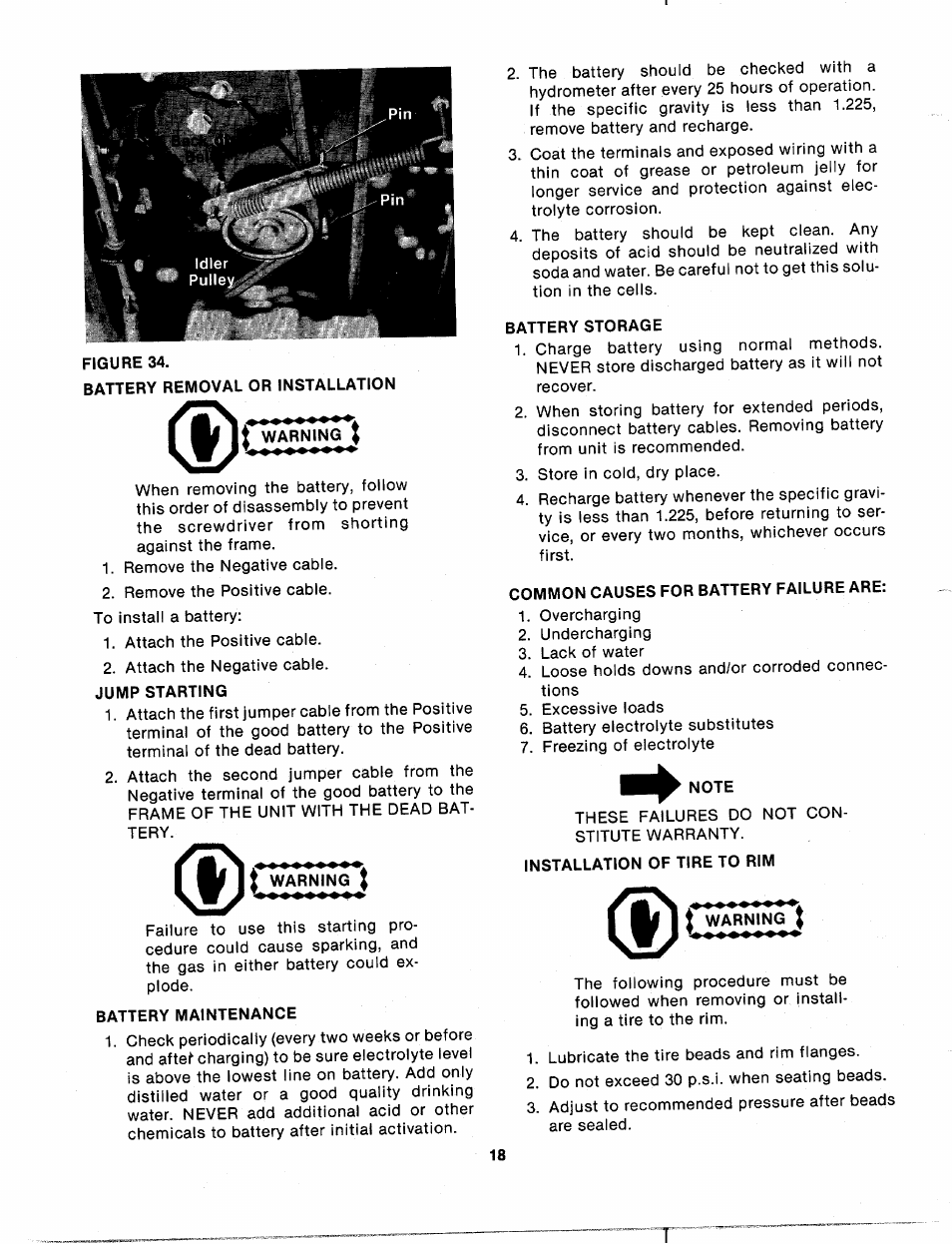 Jump starting, Battery maintenance, Battery storage | Common causes for battery failure are, Note, Installation of tire to rim | Bolens 132-698A User Manual | Page 18 / 35
