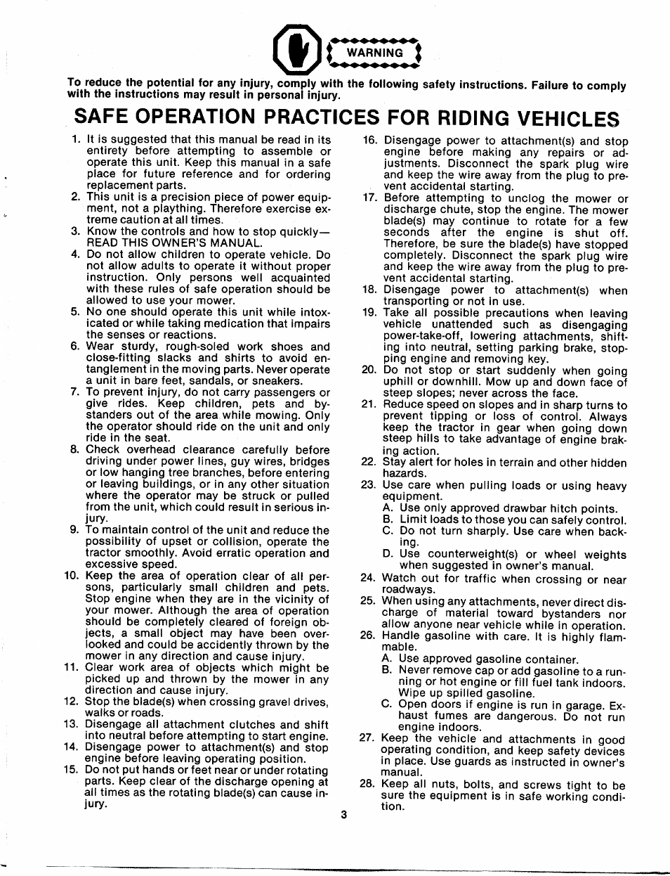 Safe operation practices for riding vehicles | Bolens 132-698A User Manual | Page 3 / 35