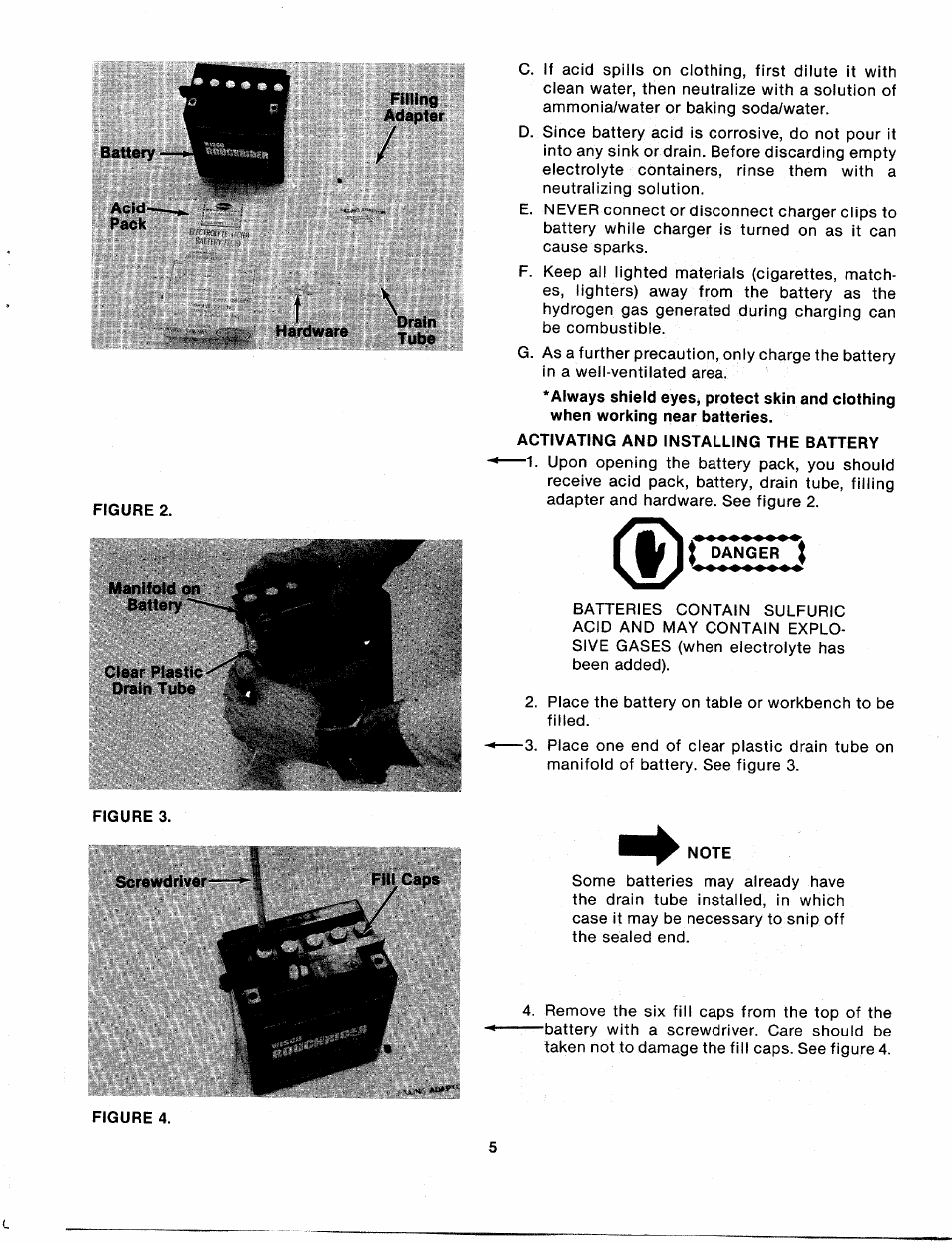 Acid, Filling, Drain | Figure 2, Activating and installing the battery, Danger, Note | Bolens 132-698A User Manual | Page 5 / 35