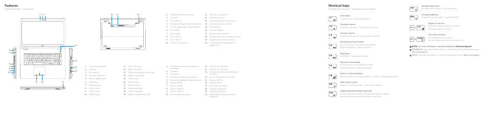 Shortcut keys, Features | Dell Inspiron 17 (5749, Early 2015) User Manual | Page 2 / 2