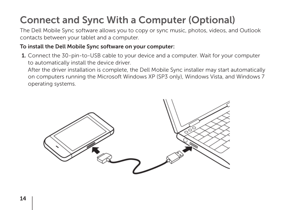 Connect and sync with a computer (optional) | Dell STREAK mobile User Manual | Page 16 / 84