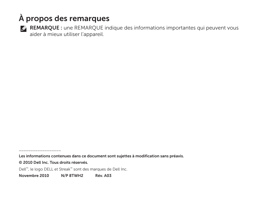 À propos des remarques | Dell STREAK mobile User Manual | Page 20 / 84