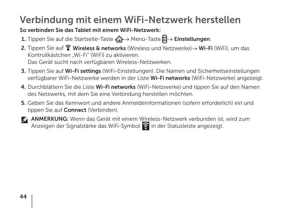 Verbindung mit einem wifi-netzwerk herstellen | Dell STREAK mobile User Manual | Page 46 / 84