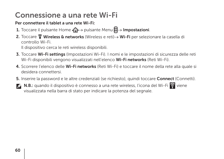 Connessione a una rete wi-fi | Dell STREAK mobile User Manual | Page 62 / 84