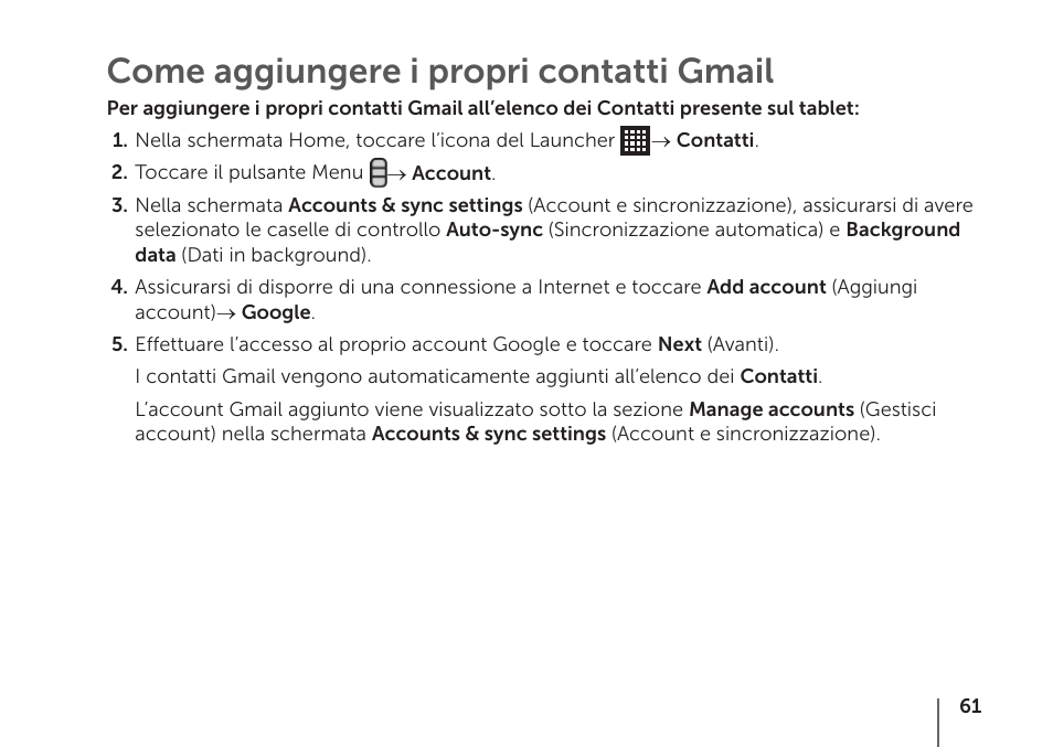 Come aggiungere i propri contatti gmail | Dell STREAK mobile User Manual | Page 63 / 84