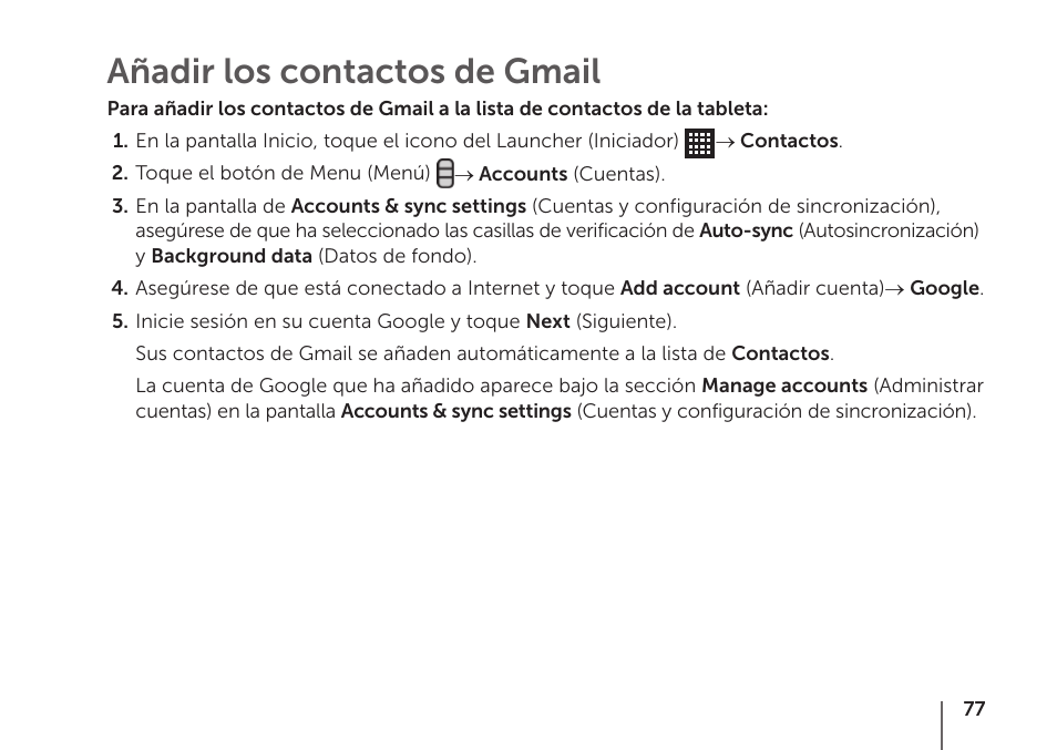 Añadir los contactos de gmail | Dell STREAK mobile User Manual | Page 79 / 84