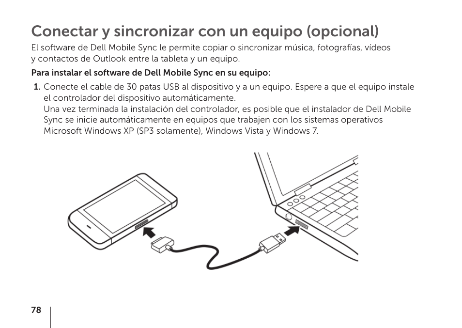 Conectar y sincronizar con un equipo (opcional) | Dell STREAK mobile User Manual | Page 80 / 84