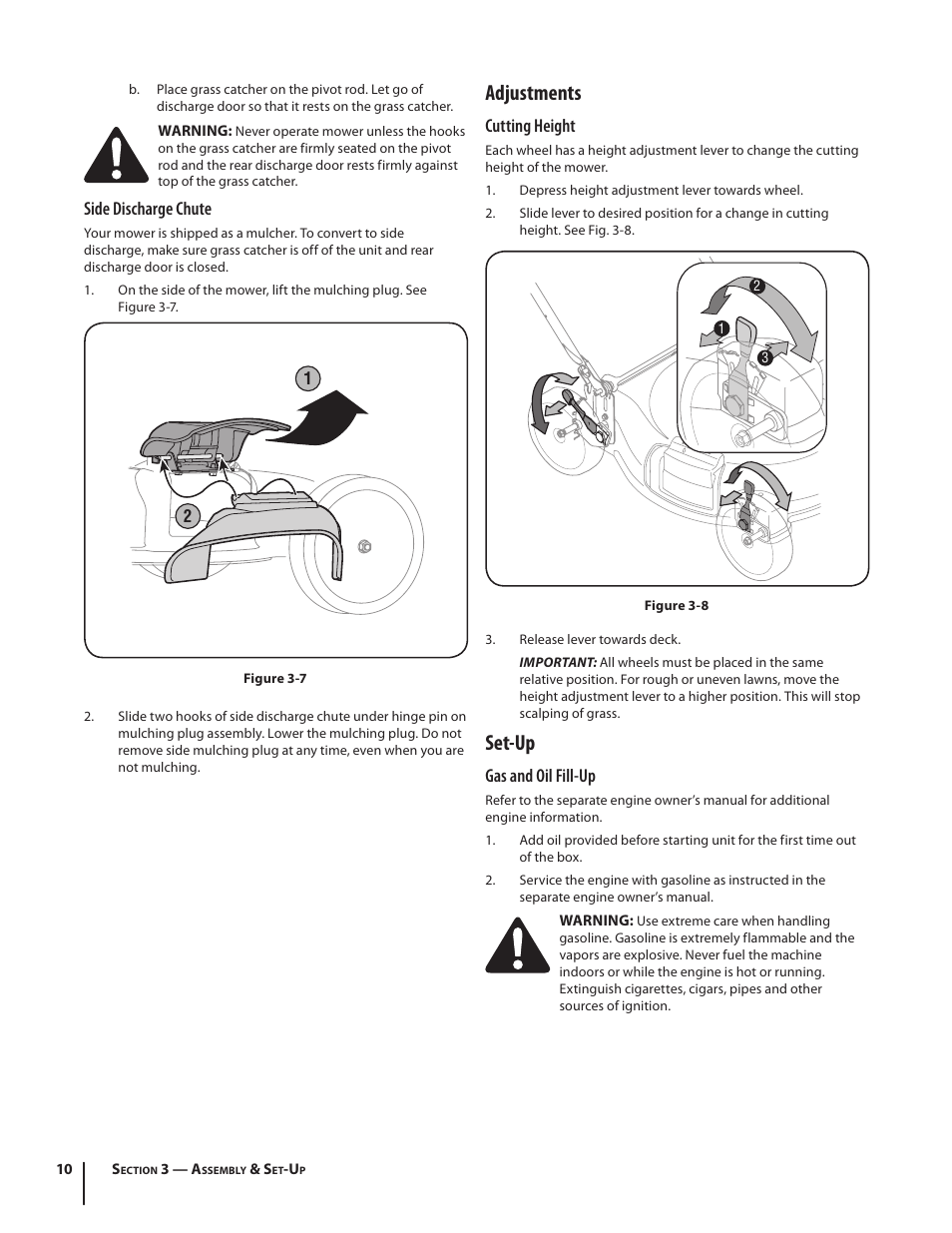 Adjustments, Set-up, Cutting height | Gas and oil fill-up, Side discharge chute | MTD Series 430 User Manual | Page 10 / 20