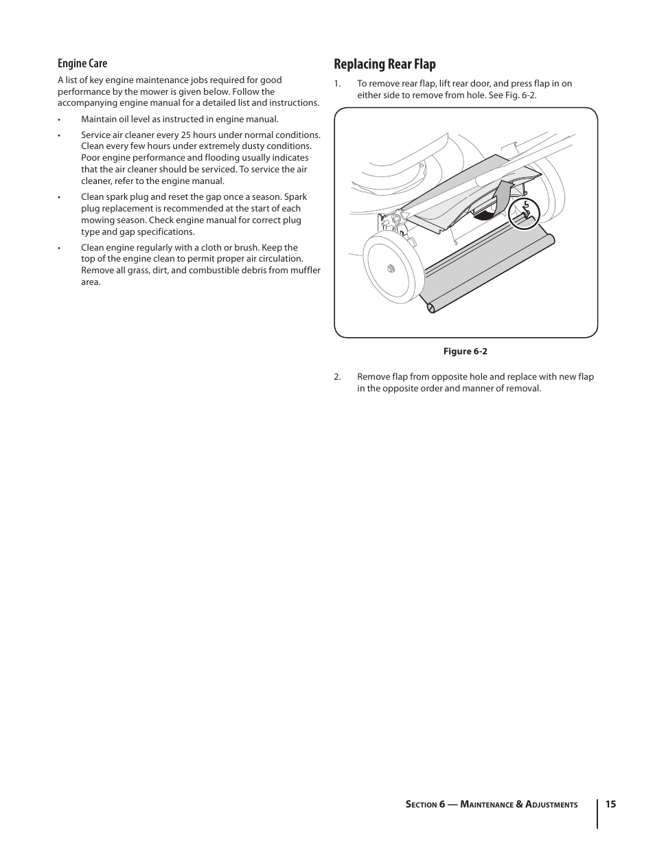 Replacing rear flap, Engine care | MTD Series 430 User Manual | Page 15 / 20