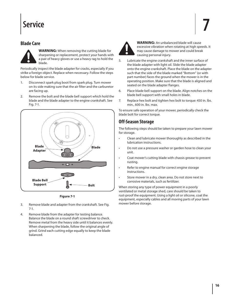 Service, Off-season storage, Blade care | MTD Series 430 User Manual | Page 16 / 20