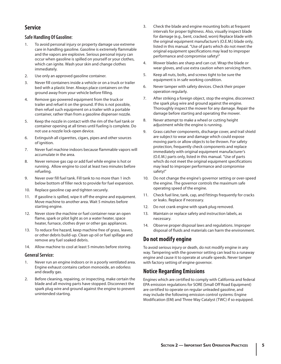 Service, Do not modify engine, Notice regarding emissions | Safe handling of gasoline, General service | MTD Series 430 User Manual | Page 5 / 20