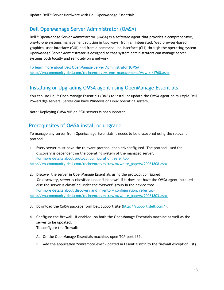 Dell openmanage server administrator (omsa), Prerequisites of omsa install or upgrade | Dell POWEREDGE R720 User Manual | Page 13 / 34