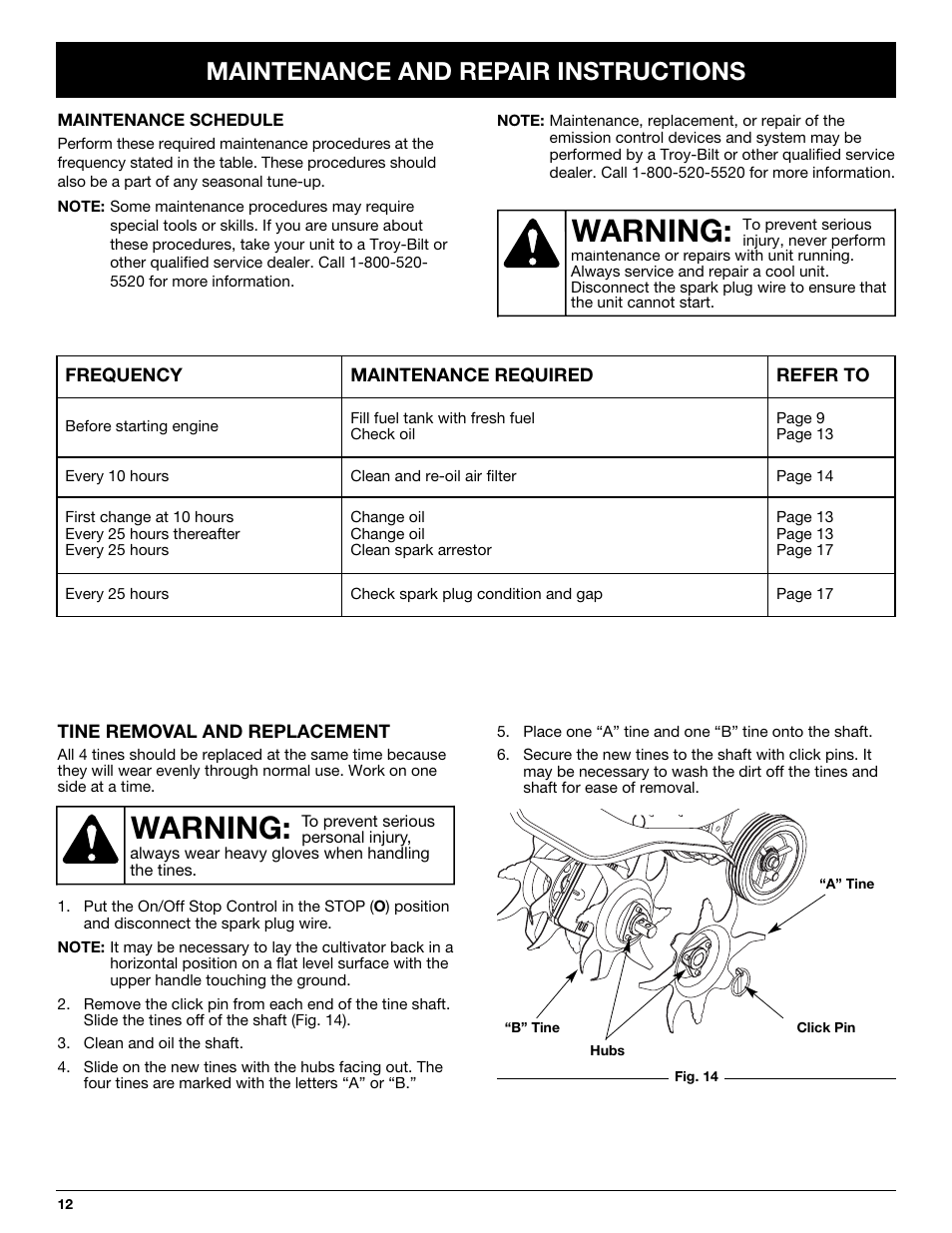 Warning, Maintenance and repair instructions | Troy-Bilt TB144 User Manual | Page 12 / 72