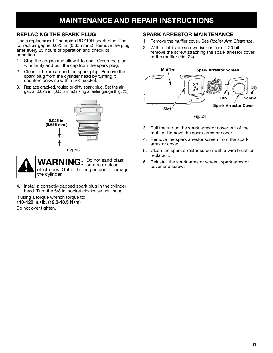 Warning, Maintenance and repair instructions | Troy-Bilt TB144 User Manual | Page 17 / 72