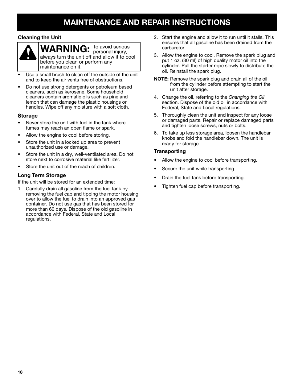 Warning, Maintenance and repair instructions | Troy-Bilt TB144 User Manual | Page 18 / 72