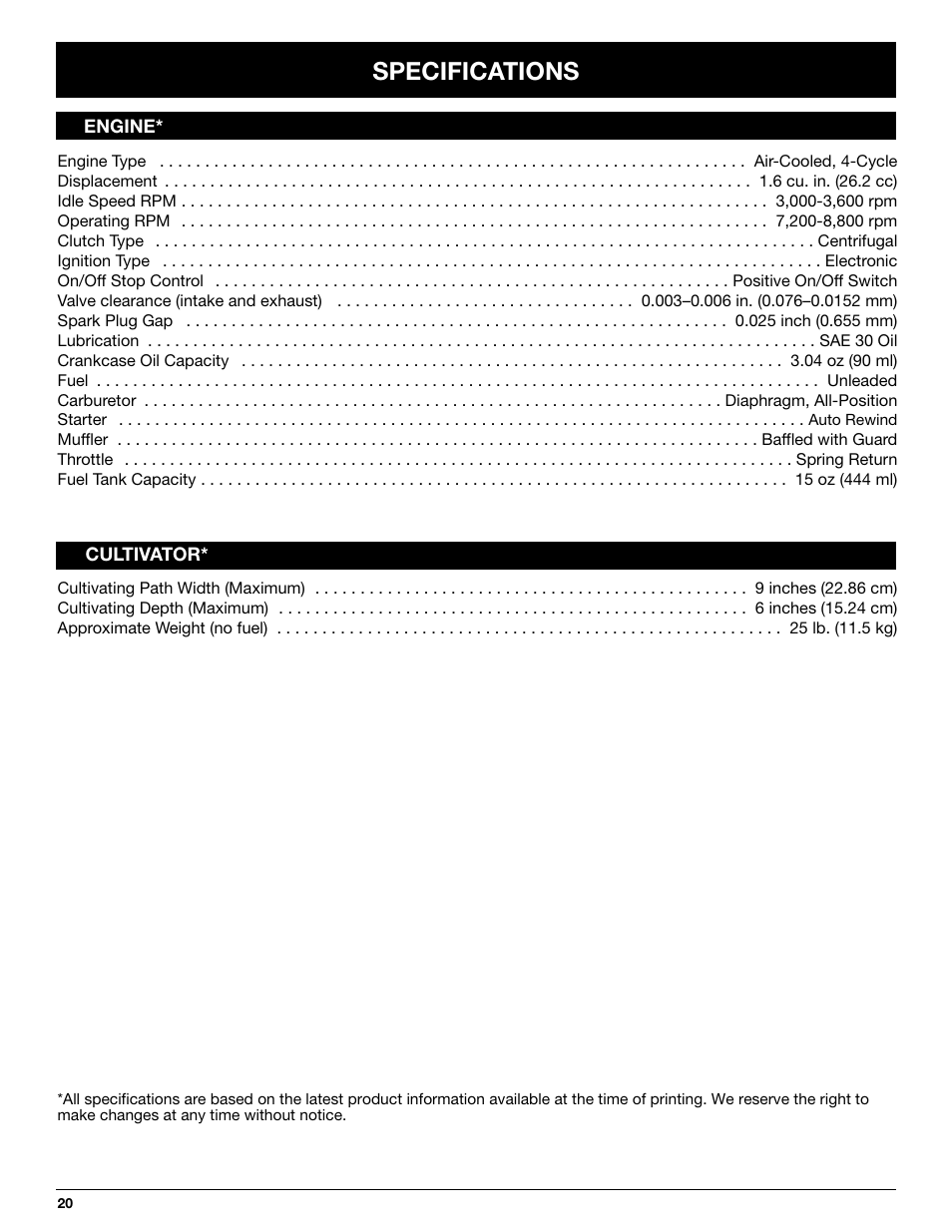 Specifications | Troy-Bilt TB144 User Manual | Page 20 / 72