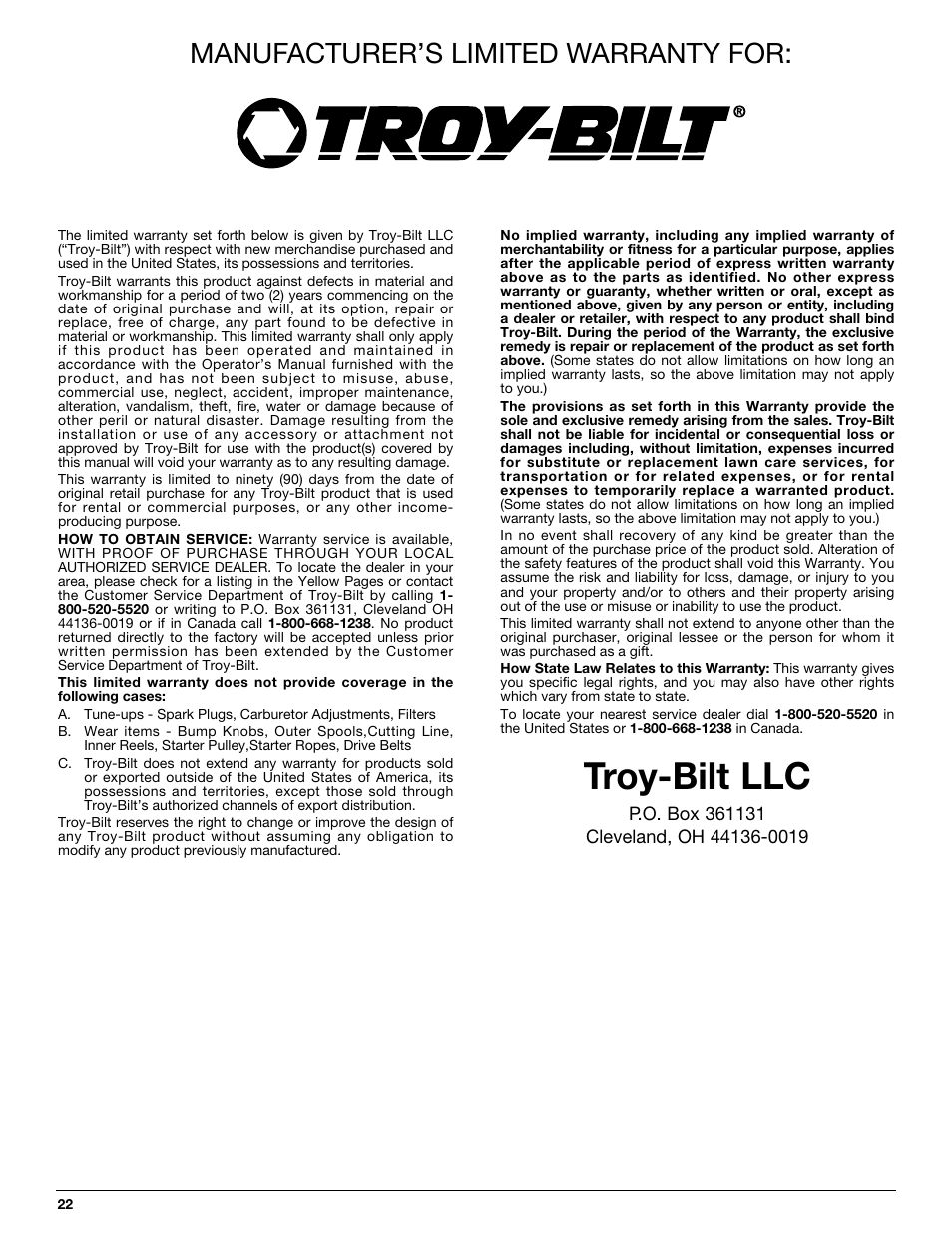 Troy-bilt llc, Manufacturer’s limited warranty for | Troy-Bilt TB144 User Manual | Page 22 / 72