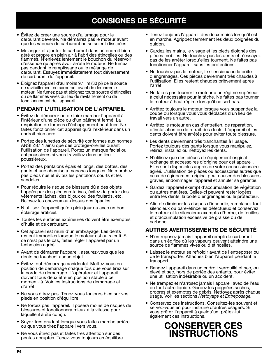 Conserver ces instructions, Consignes de sécurité | Troy-Bilt TB144 User Manual | Page 26 / 72
