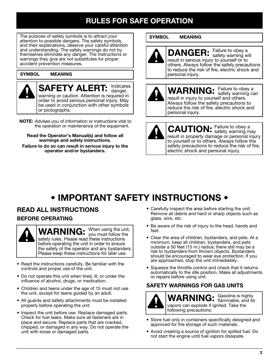 Warning: • important safety instructions, Warning, Danger | Caution, Safety alert, Rules for safe operation, Read all instructions | Troy-Bilt TB144 User Manual | Page 3 / 72