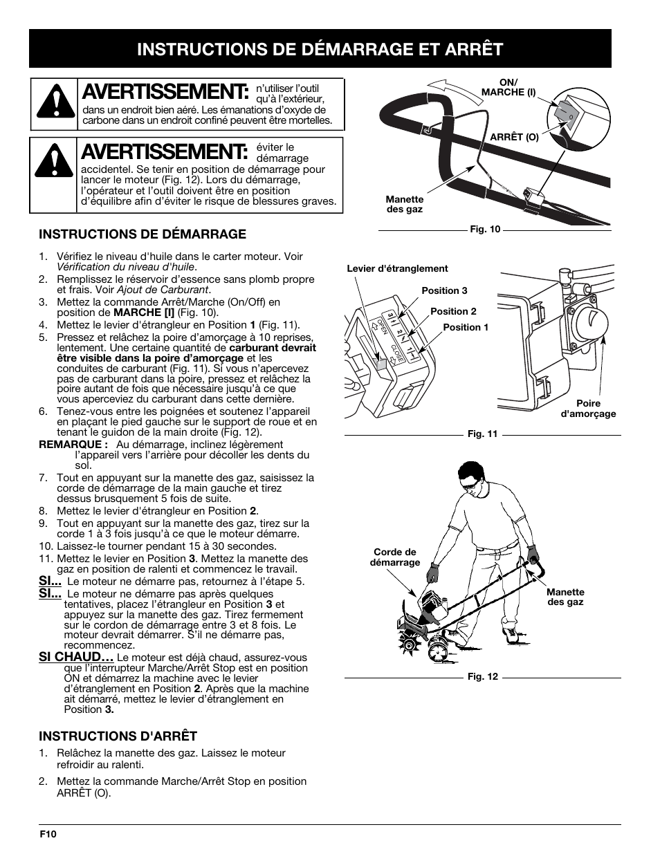 Avertissement, Instructions de démarrage et arrêt | Troy-Bilt TB144 User Manual | Page 32 / 72