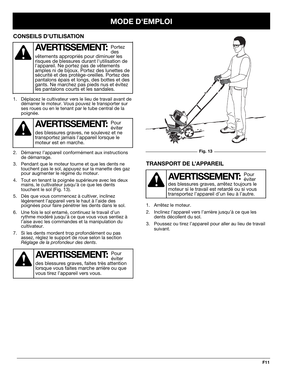 Avertissement, Mode d'emploi | Troy-Bilt TB144 User Manual | Page 33 / 72