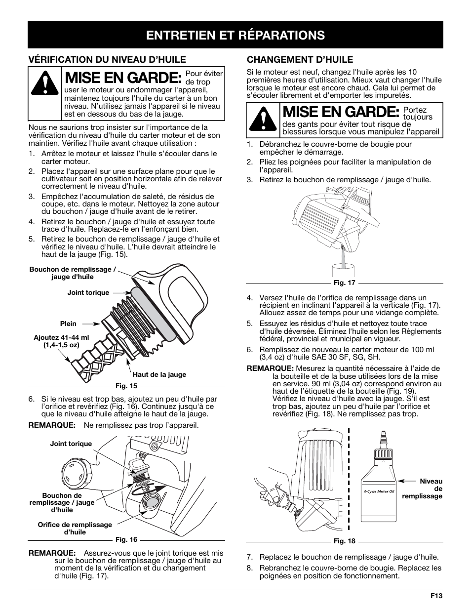 Mise en garde, Entretien et réparations | Troy-Bilt TB144 User Manual | Page 35 / 72