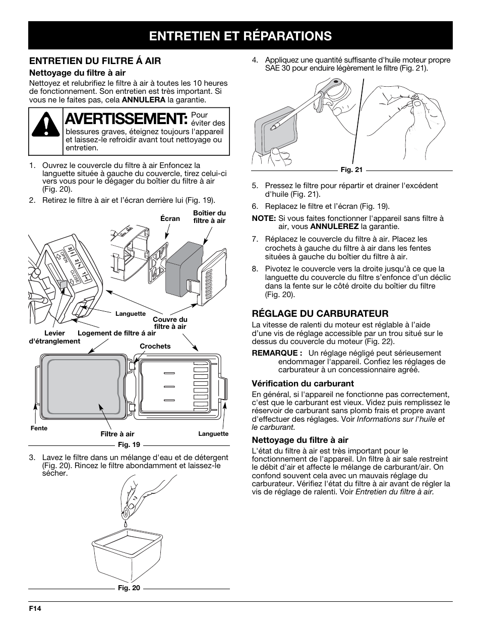 Avertissement, Entretien et réparations | Troy-Bilt TB144 User Manual | Page 36 / 72