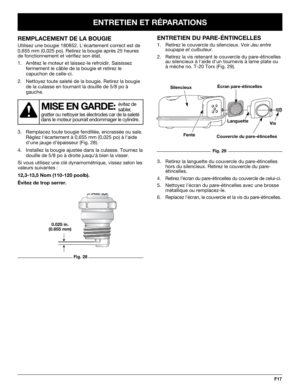 Mise en garde, Entretien et réparations | Troy-Bilt TB144 User Manual | Page 39 / 72