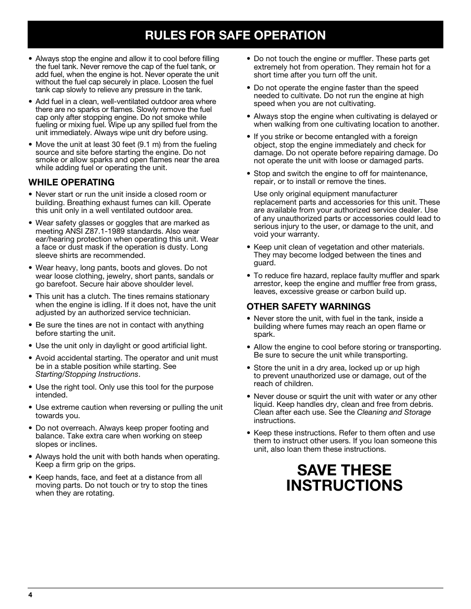 Save these instructions, Rules for safe operation | Troy-Bilt TB144 User Manual | Page 4 / 72