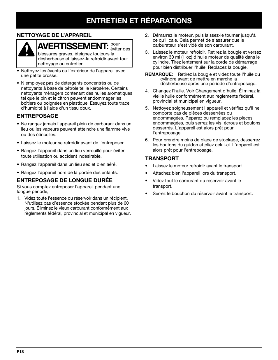 Avertissement, Entretien et réparations | Troy-Bilt TB144 User Manual | Page 40 / 72