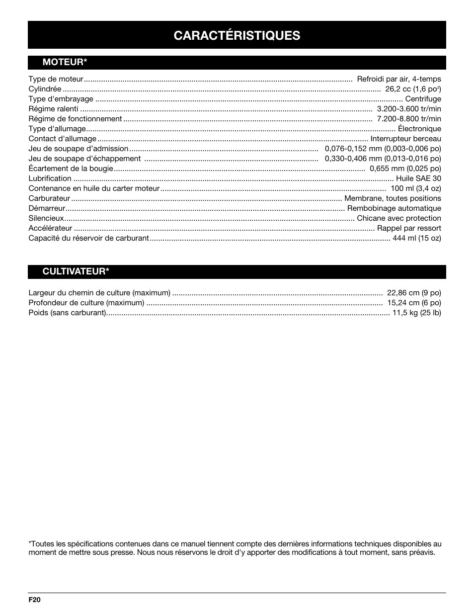 Caractéristiques | Troy-Bilt TB144 User Manual | Page 42 / 72