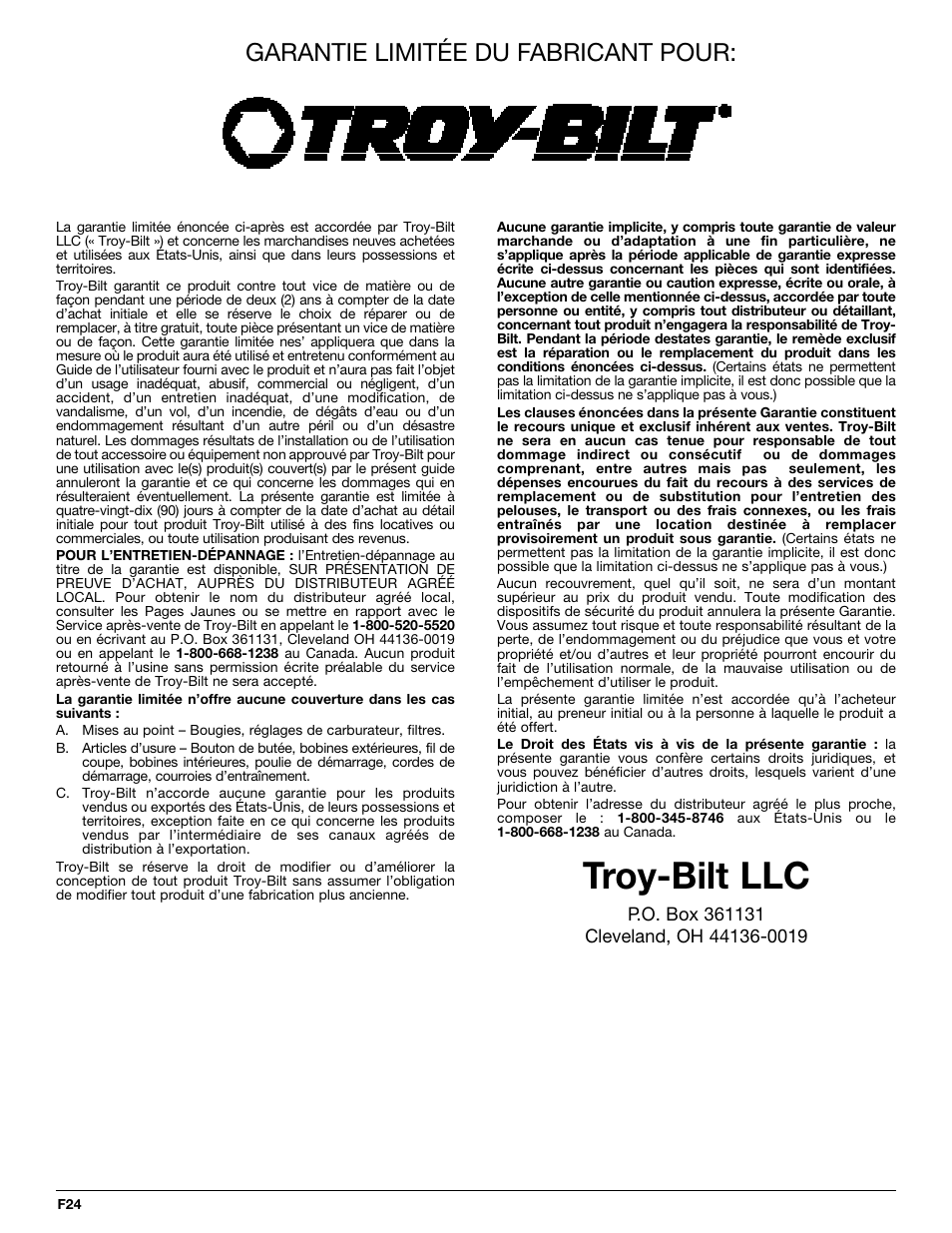 Troy-bilt llc, Garantie limitée du fabricant pour | Troy-Bilt TB144 User Manual | Page 46 / 72