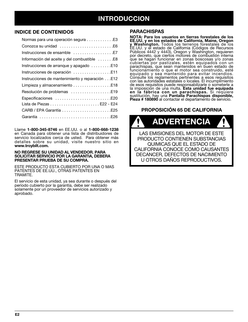 Advertencia, Introduccion | Troy-Bilt TB144 User Manual | Page 48 / 72