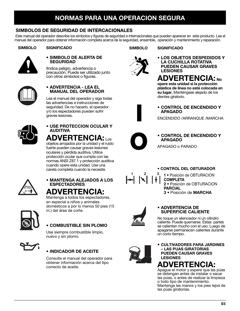 Advertencia, Normas para una operacion segura | Troy-Bilt TB144 User Manual | Page 51 / 72