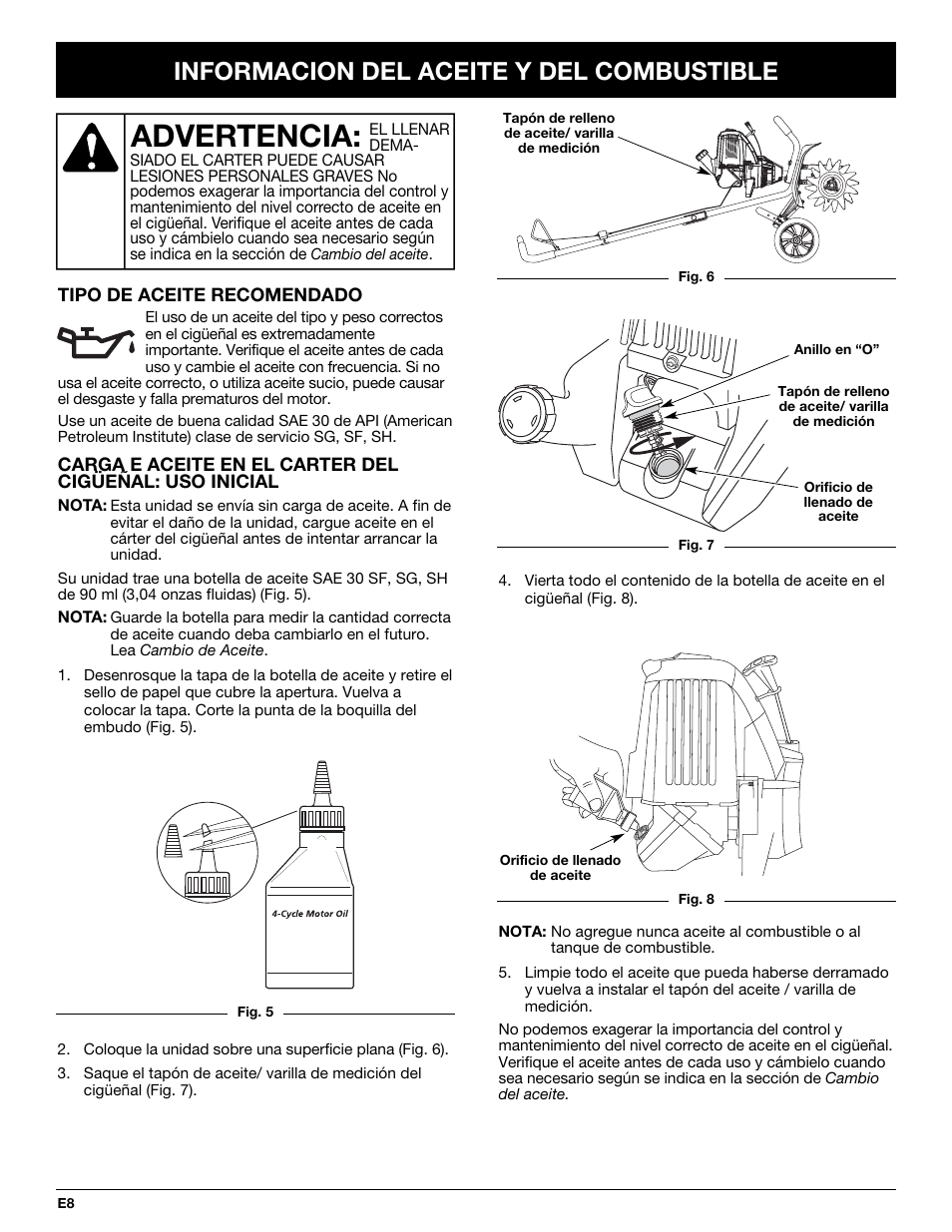 Advertencia, Informacion del aceite y del combustible | Troy-Bilt TB144 User Manual | Page 54 / 72