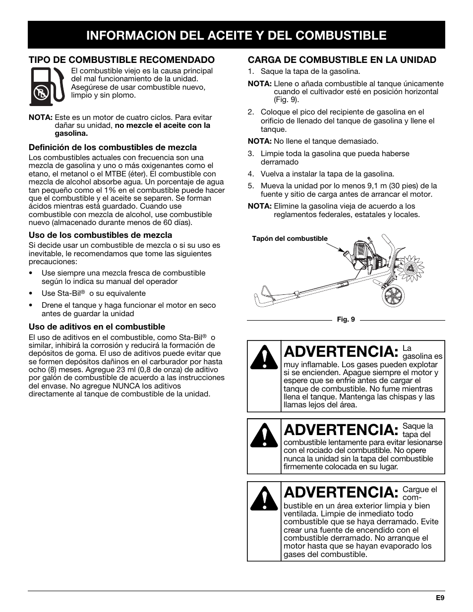 Advertencia, Informacion del aceite y del combustible | Troy-Bilt TB144 User Manual | Page 55 / 72