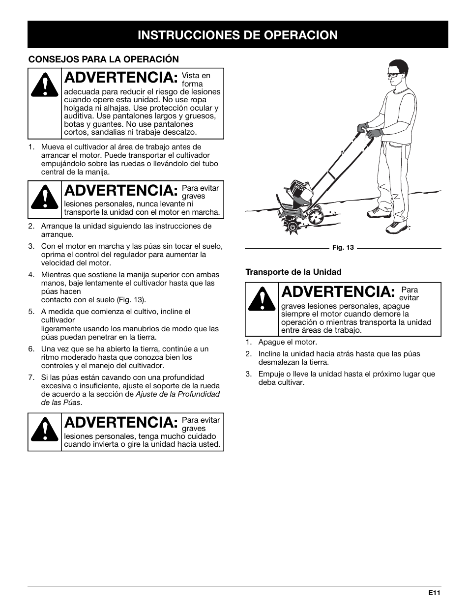 Advertencia, Instrucciones de operacion | Troy-Bilt TB144 User Manual | Page 57 / 72