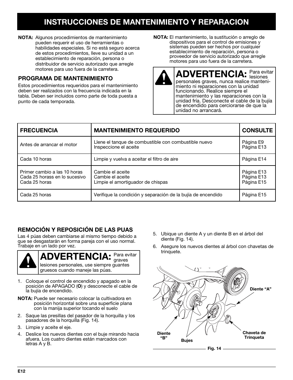 Advertencia, Instrucciones de mantenimiento y reparacion | Troy-Bilt TB144 User Manual | Page 58 / 72