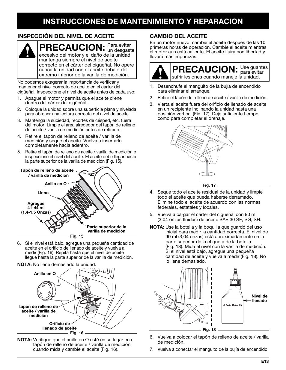 Precaucion, Instrucciones de mantenimiento y reparacion | Troy-Bilt TB144 User Manual | Page 59 / 72